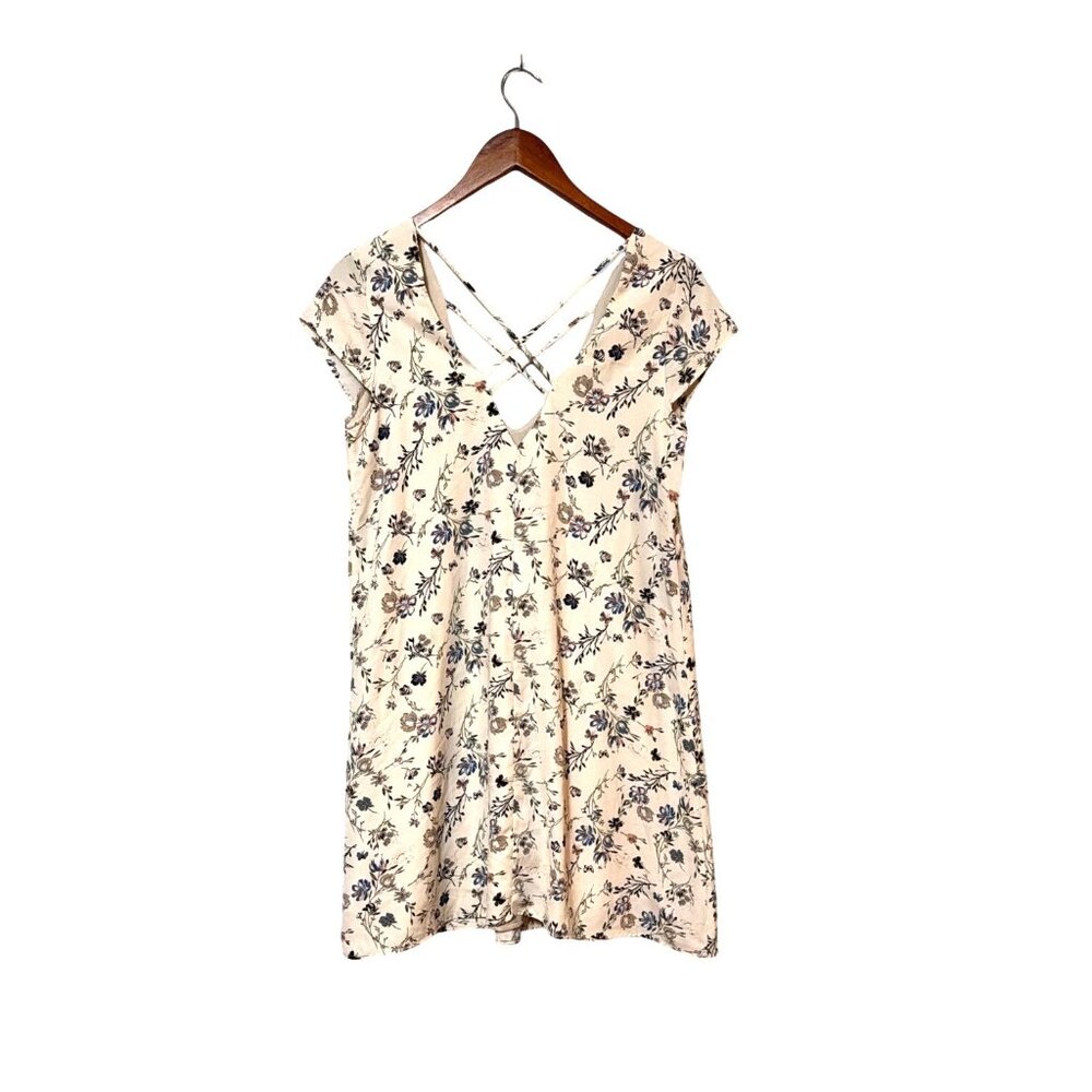 Pink Owl Floral Print Crisscross Back Cream Dress Medium 100% Polyester - Picture 2 of 6